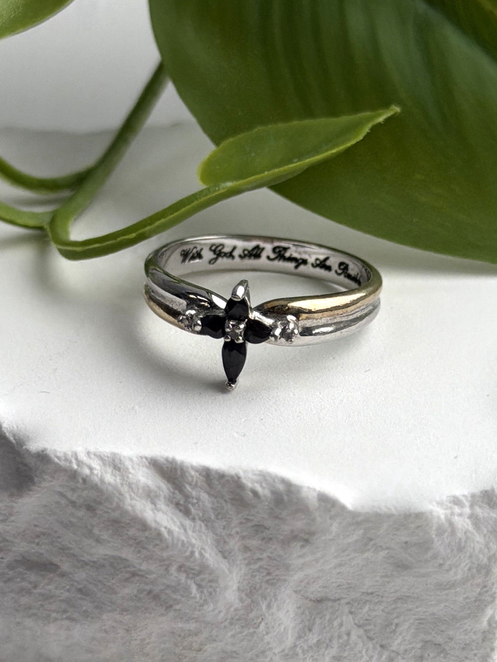 925 Sterling Silver Sapphire & Diamond Cross Ring Size 8.5